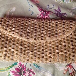 Peach Beaded Evening Clutch with Metallic Accents